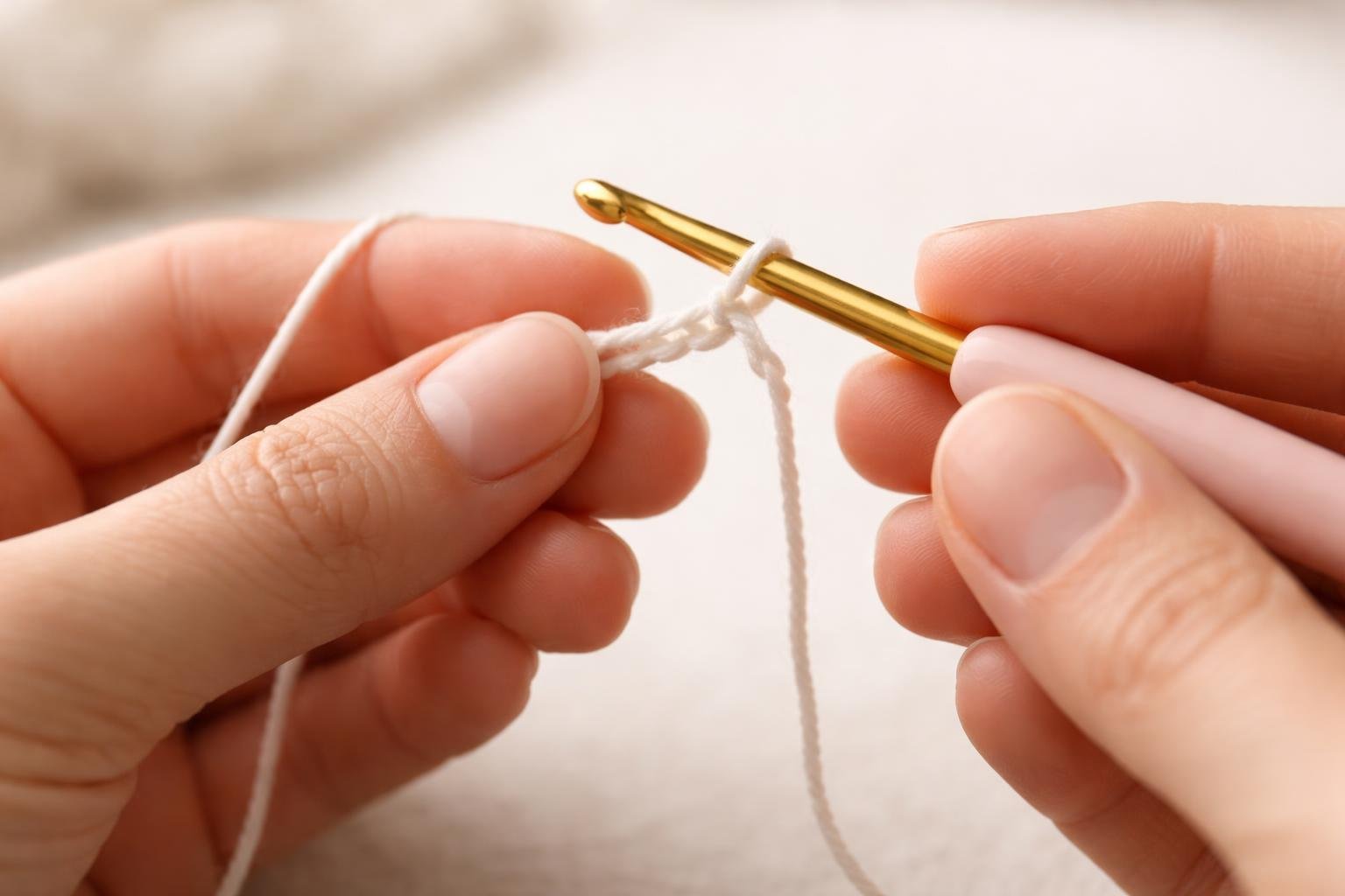 Mãos fazendo os primeiros pontos de crochê com linha e agulha.