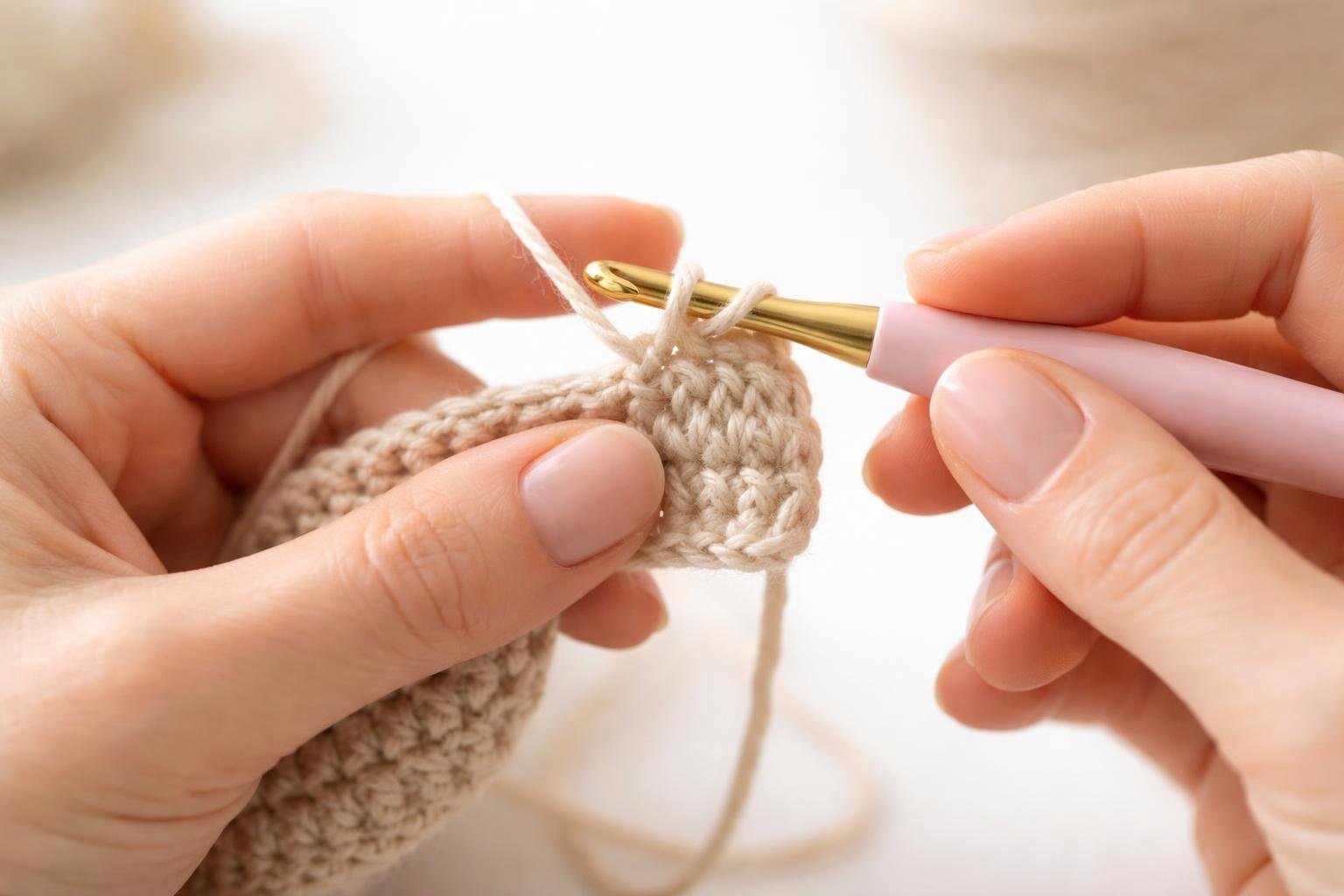 Mãos fazendo ponto baixo de crochê com agulha e linha clara.