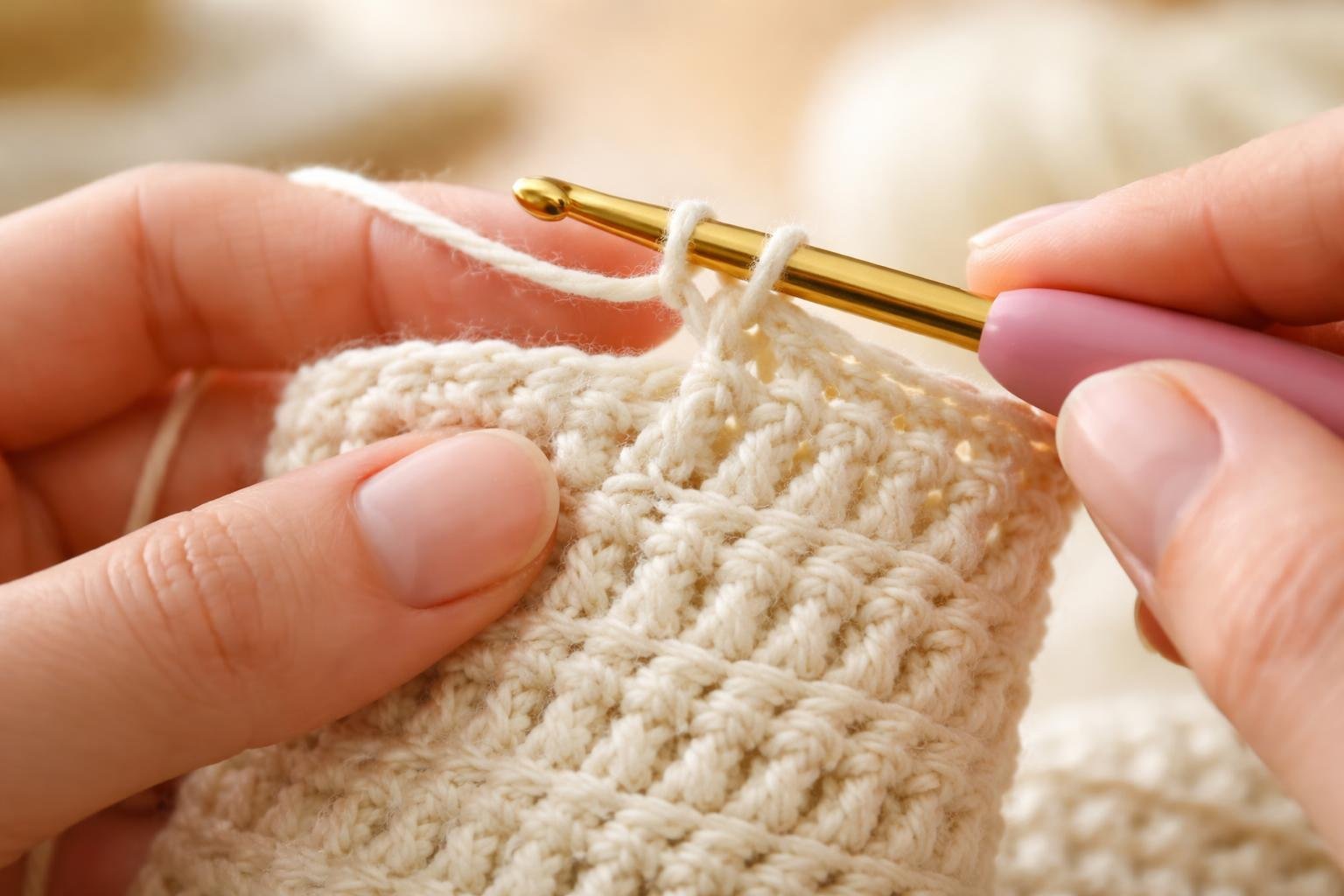 Mãos fazendo ponto alto de crochê com linha clara e agulha de crochê em fundo desfocado.