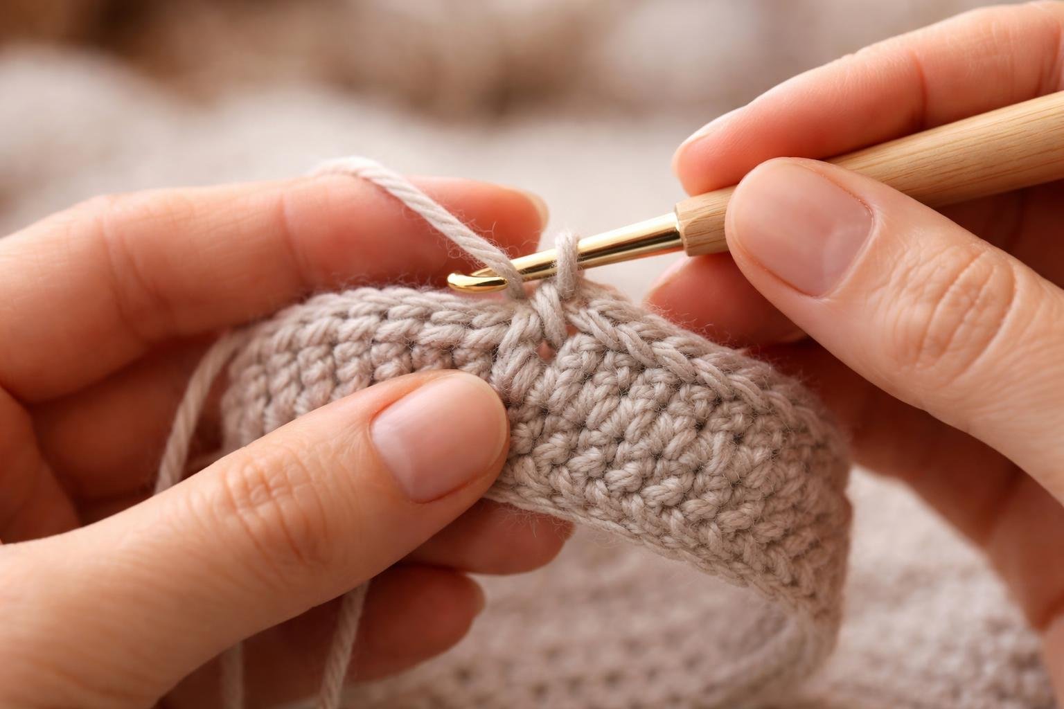Mãos trabalhando em um ponto baixíssimo de crochê com um fio claro e agulha, em close.
